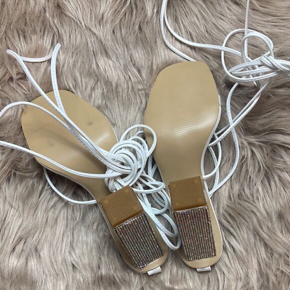 Rhinestones Block Heel Lace Up Ankle Wrap Sandals - Picture 9 of 16